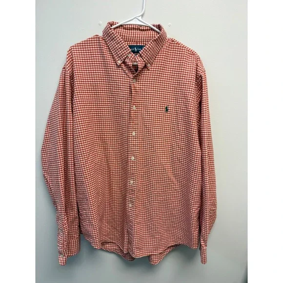 Polo Ralph Lauren Mens XL Custom Fit Orange Gingham Check Button Down Shirt - Picture 1 of 4